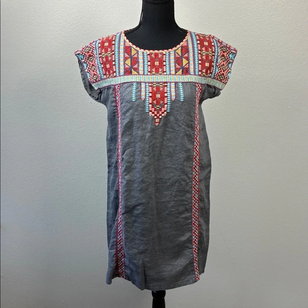 Johnny Was Ezra Shift Dress Gray Linen Embroidered Tribal Motif Mini Tunic S - Picture 5 of 11